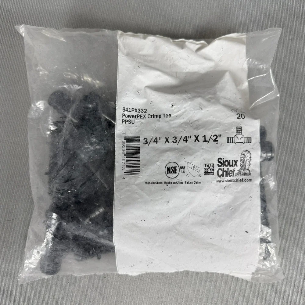 Lot of 2 - Sioux Chief 641PX332 20pcs PowerPEX 3/4 x 3/4 x 1/2 Polymer Crimp Tee